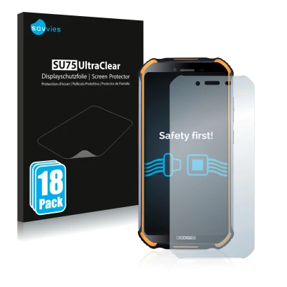 Front side of a product packaging with the brand logo Savvies. Next to it is the device Doogee S40 Pro shown with the correspo