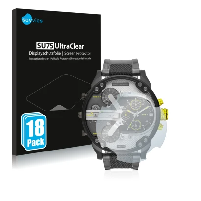 Front side of a product packaging with the brand logo Savvies. Next to it is the device Diesel DZ7422 Mr. Daddy 2.0 shown with