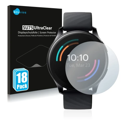 Front side of a product packaging with the brand logo Savvies. Next to it is the device OnePlus Watch shown with the correspon