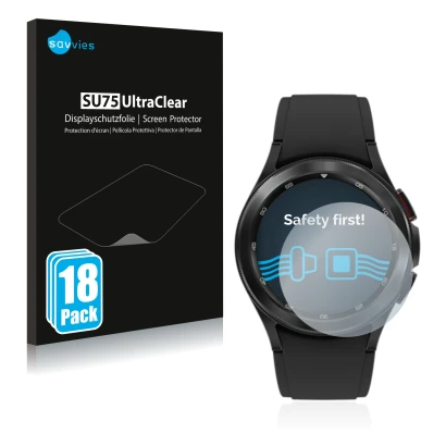Front side of a product packaging with the brand logo Savvies. Next to it is the device Samsung Galaxy Watch 4 Classic (42mm) 