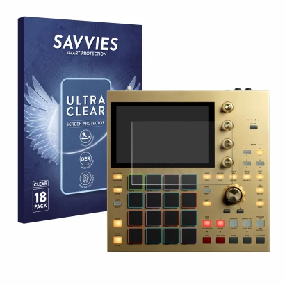 Front side of a product packaging with the brand logo Savvies. Next to it is the device Akai MPC One shown with the correspond