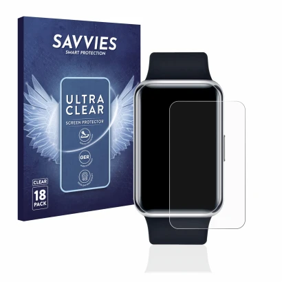 Front side of a product packaging with the brand logo Savvies. Next to it is the device Huawei Watch Fit Elegant shown with th
