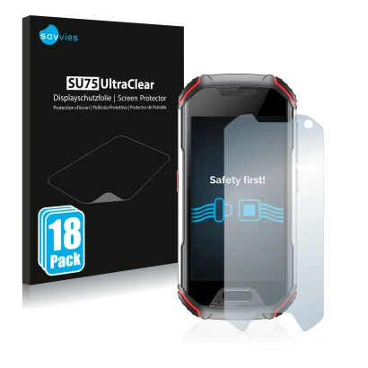 Front side of a product packaging with the brand logo Savvies. Next to it is the device Unihertz Atom XL shown with the corres