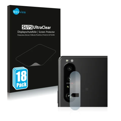 Front side of a product packaging with the brand logo Savvies. Next to it is the device Sony Xperia 1 III (ONLY Camera Lens) s