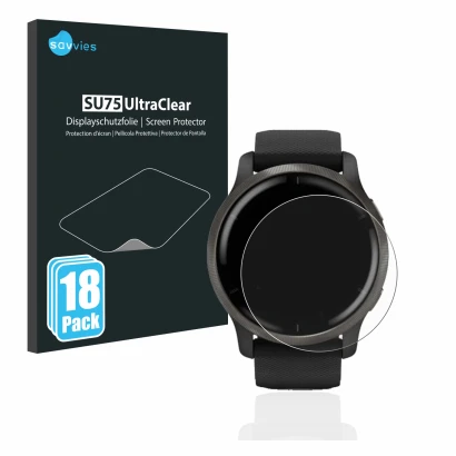 Front side of a product packaging with the brand logo Savvies. Next to it is the device Garmin Venu 2 shown with the correspon