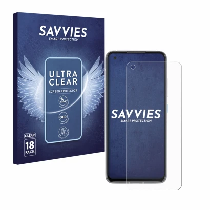 Front side of a product packaging with the brand logo Savvies. Next to it is the device ASUS ZenFone 8 shown with the correspo