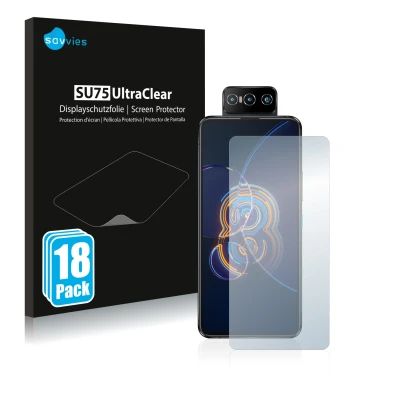 Front side of a product packaging with the brand logo Savvies. Next to it is the device ASUS ZenFone 8 Flip shown with the cor
