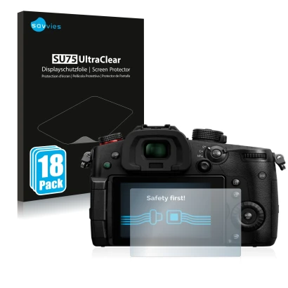 Front side of a product packaging with the brand logo Savvies. Next to it is the device Panasonic Lumix DC-GH5 II shown with t