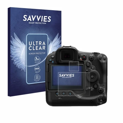 Front side of a product packaging with the brand logo Savvies. Next to it is the device Canon EOS R3 shown with the correspond