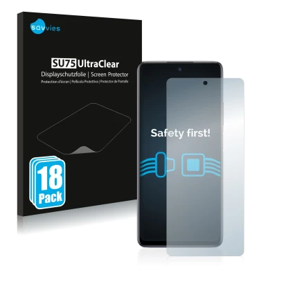 Front side of a product packaging with the brand logo Savvies. Next to it is the device Infinix Note 10 Pro shown with the cor