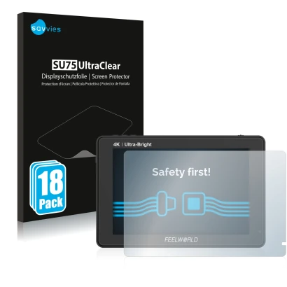 Front side of a product packaging with the brand logo Savvies. Next to it is the device Feelworld LUT7 7" shown with the corre
