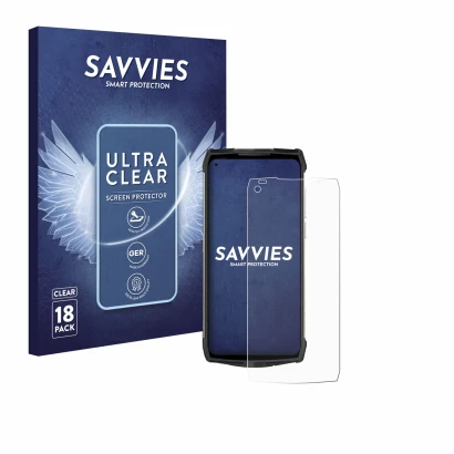Front side of a product packaging with the brand logo Savvies. Next to it is the device Ulefone Power Armor 13 shown with the 