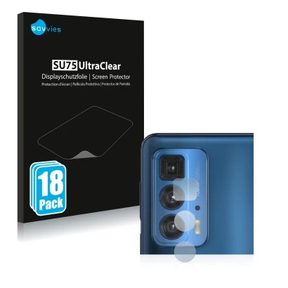 Front side of a product packaging with the brand logo Savvies. Next to it is the device Motorola Edge 20 Pro (ONLY Camera Lens