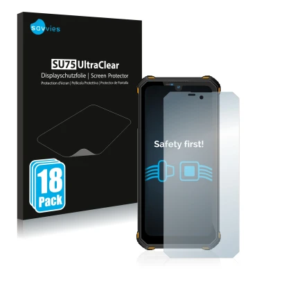 Front side of a product packaging with the brand logo Savvies. Next to it is the device Oukitel WP15 5G shown with the corresp