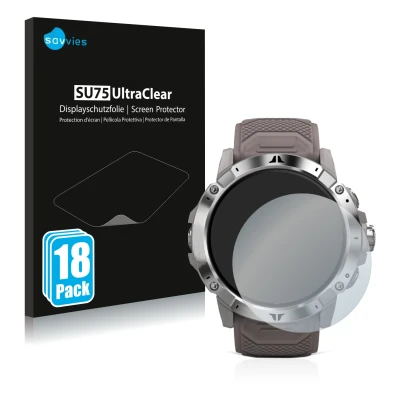 Front side of a product packaging with the brand logo Savvies. Next to it is the device Coros Vertix 2 shown with the correspo