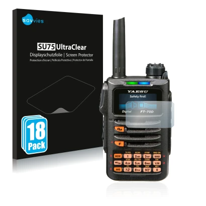 Front side of a product packaging with the brand logo Savvies. Next to it is the device Yaesu FT-70DR shown with the correspon