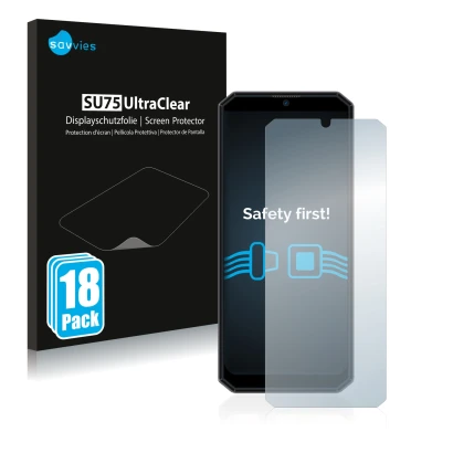 Front side of a product packaging with the brand logo Savvies. Next to it is the device Oukitel K15 Plus shown with the corres