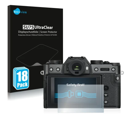 Front side of a product packaging with the brand logo Savvies. Next to it is the device Fujifilm X-T30 ll shown with the corre