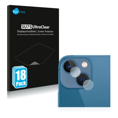 Front side of a product packaging with the brand logo Savvies. Next to it is the device Apple iPhone 13 mini (ONLY Camera Lens