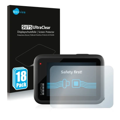 Front side of a product packaging with the brand logo Savvies. Next to it is the device GoPro Hero 10 Black shown with the cor