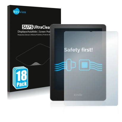 Front side of a product packaging with the brand logo Savvies. Next to it is the device Amazon Kindle Paperwhite 2021 Signatur