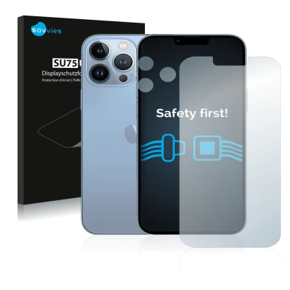 Front side of a product packaging with the brand logo Savvies. Next to it is the device Apple iPhone 13 Pro Max (Front+Camera)