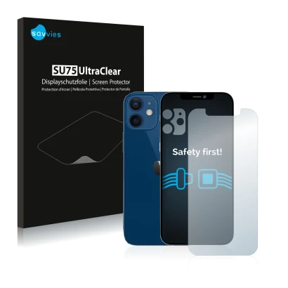 Front side of a product packaging with the brand logo Savvies. Next to it is the device Apple iPhone 12 (Front+Camera) shown w