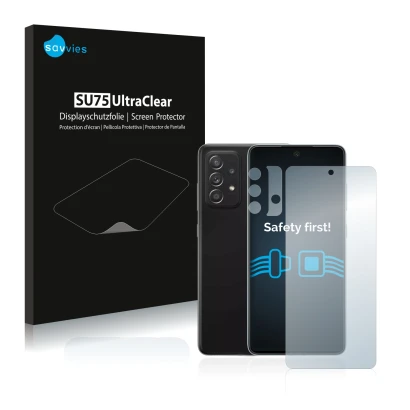 Front side of a product packaging with the brand logo Savvies. Next to it is the device Samsung Galaxy A52 5G (Front+Camera) s