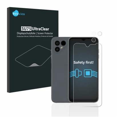 Front side of a product packaging with the brand logo Savvies. Next to it is the device Fairphone 4 (Front+Camera) shown with 