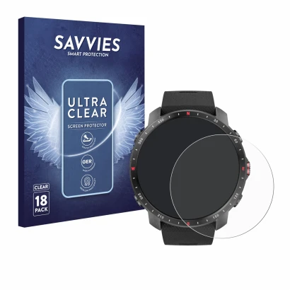 Front side of a product packaging with the brand logo Savvies. Next to it is the device Polar Grit X Pro shown with the corres