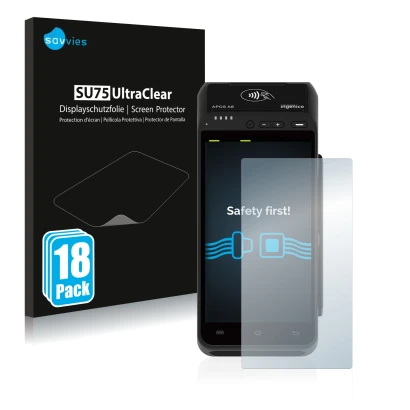 Front side of a product packaging with the brand logo Savvies. Next to it is the device ingenico Apos A8 shown with the corres