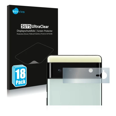 Front side of a product packaging with the brand logo Savvies. Next to it is the device Google Pixel 6 (ONLY Camera Lens) show