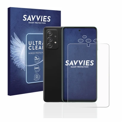 Front side of a product packaging with the brand logo Savvies. Next to it is the device Samsung Galaxy A52s 5G (Front+Camera) 