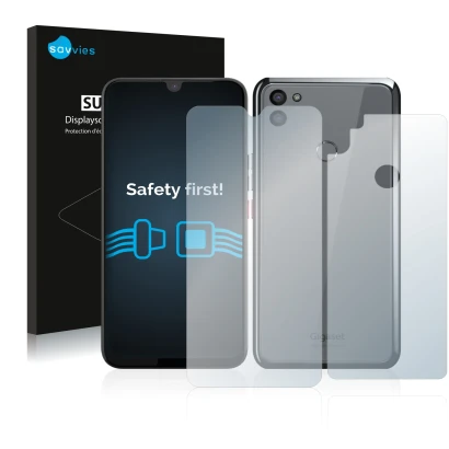 Front side of a product packaging with the brand logo Savvies. Next to it is the device Gigaset GS5 (Front+Back) shown with th