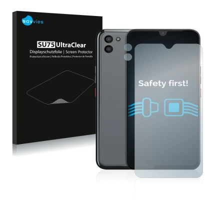 Front side of a product packaging with the brand logo Savvies. Next to it is the device Gigaset GS5 (Front+Camera) shown with 