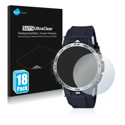 Front side of a product packaging with the brand logo Savvies. Next to it is the device Casio Pro Trek PRW-30-1AER shown with 