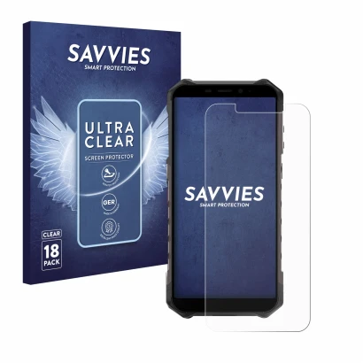 Front side of a product packaging with the brand logo Savvies. Next to it is the device Ulefone Armor X9 Pro shown with the co