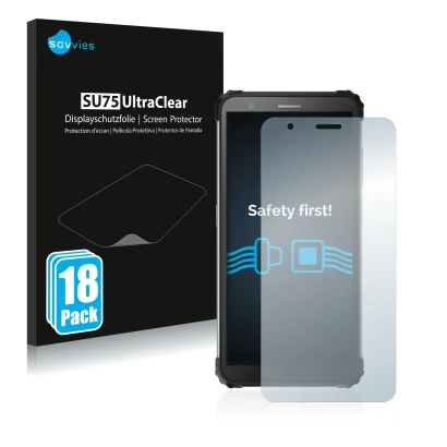 Front side of a product packaging with the brand logo Savvies. Next to it is the device Blackview BV6600 Pro shown with the co