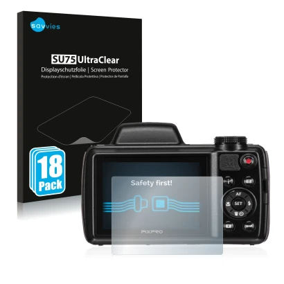 Front side of a product packaging with the brand logo Savvies. Next to it is the device Kodak Pixpro AZ525 shown with the corr