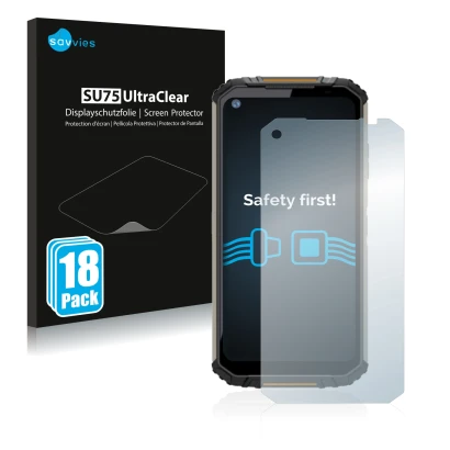 Front side of a product packaging with the brand logo Savvies. Next to it is the device Oukitel WP16 shown with the correspond