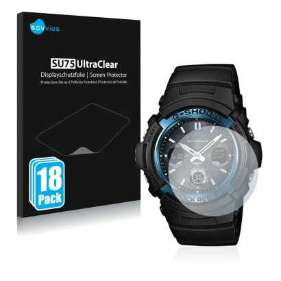 Front side of a product packaging with the brand logo Savvies. Next to it is the device Casio AWG M100 shown with the correspo