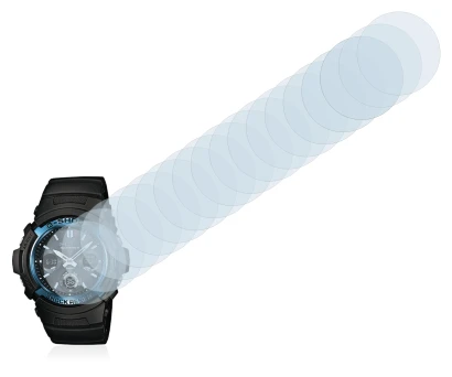 Image of the device Casio AWG M100 with a wide variety of screen protectors.