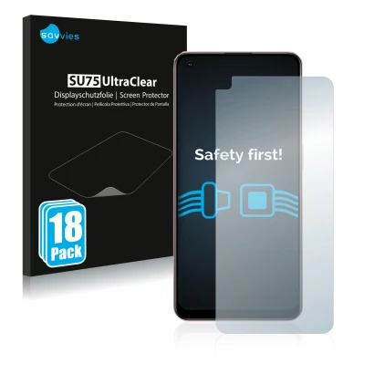 Front side of a product packaging with the brand logo Savvies. Next to it is the device Oppo A96 shown with the corresponding 