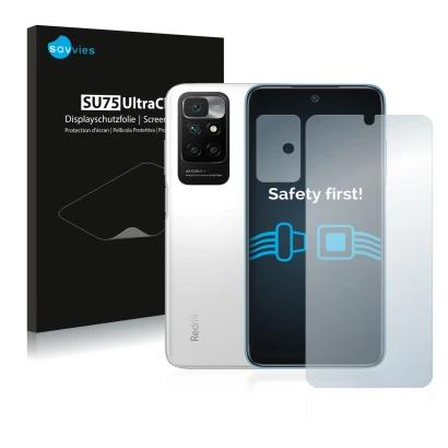 Front side of a product packaging with the brand logo Savvies. Next to it is the device Xiaomi Redmi 10 (Front+Camera) shown w