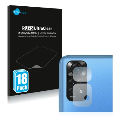 Front side of a product packaging with the brand logo Savvies. Next to it is the device Xiaomi Redmi Note 11 (ONLY Camera Lens