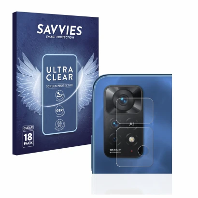 Front side of a product packaging with the brand logo Savvies. Next to it is the device Xiaomi Redmi Note 11 Pro 5G (ONLY Came