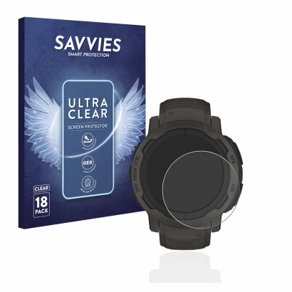 Front side of a product packaging with the brand logo Savvies. Next to it is the device Garmin Instinct 2 shown with the corre
