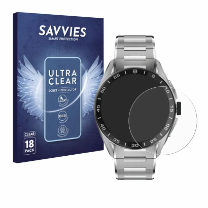 Front side of a product packaging with the brand logo Savvies. Next to it is the device TAG Heuer Connected Calibre E4 (45 mm)