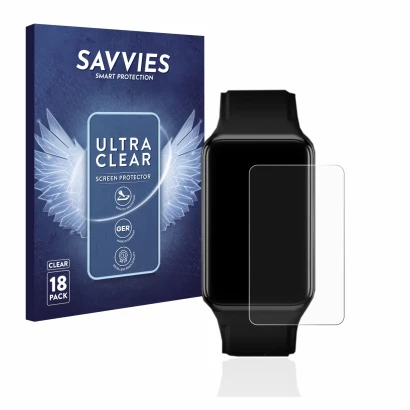 Front side of a product packaging with the brand logo Savvies. Next to it is the device Oppo Watch Free shown with the corresp