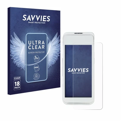 Front side of a product packaging with the brand logo Savvies. Next to it is the device Pax A920 Pro shown with the correspond